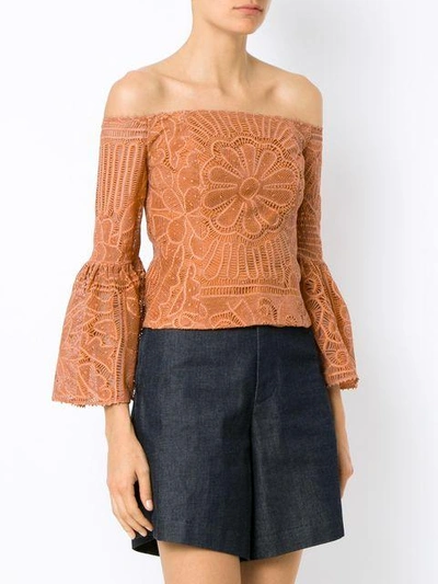 Shop Martha Medeiros Lita Off The Shoulder Lace Top In Brown