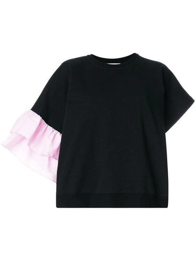 Shop Msgm Asymmetric Frill Sleeve Sweatshirt In Black