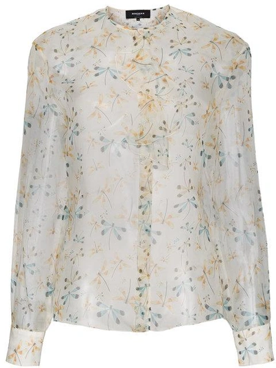 Shop Rochas Dragonfly Print Silk Sheer Blouse - Neutrals