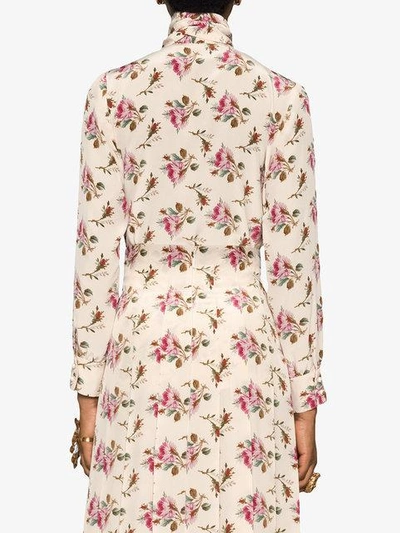 Shop Gucci Rose Print Silk Shirt In Neutrals