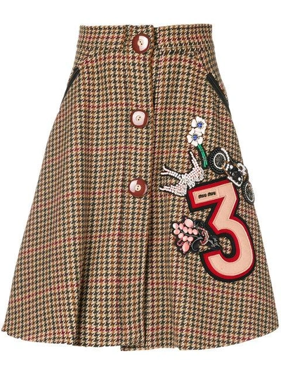 Shop Miu Miu Embroidered Pleated Skirt - Brown
