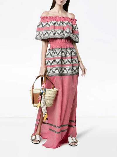 Shop Celia Dragouni Off The Shoulder Embroidered Cotton Dress In Pink