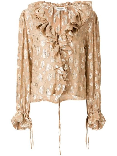 Shop Saint Laurent Frill Long-sleeve Blouse In Neutrals