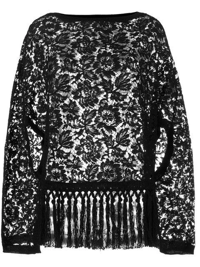 Shop Valentino Floral Lace Fringed Cape Top - Black