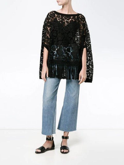 Shop Valentino Floral Lace Fringed Cape Top - Black