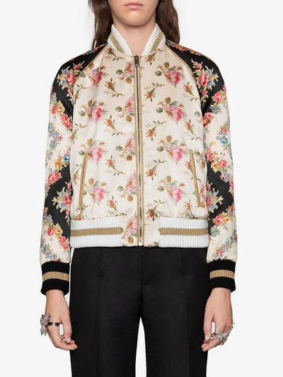 Shop Gucci Rose Print Silk Bomber Jacket In Pink ,multicolour