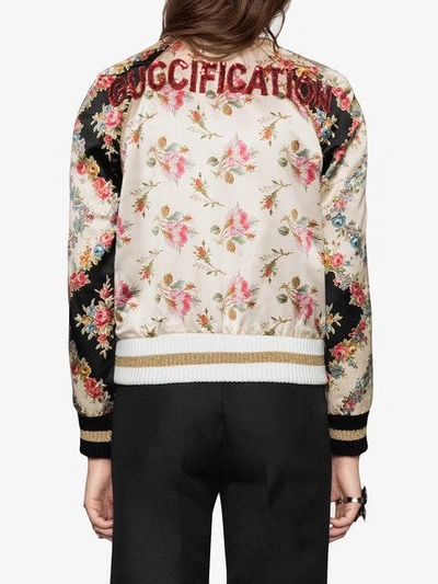 Shop Gucci Rose Print Silk Bomber Jacket In Pink ,multicolour