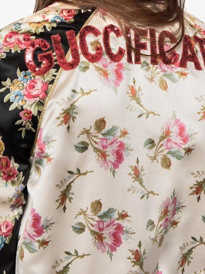 Shop Gucci Rose Print Silk Bomber Jacket In Pink ,multicolour