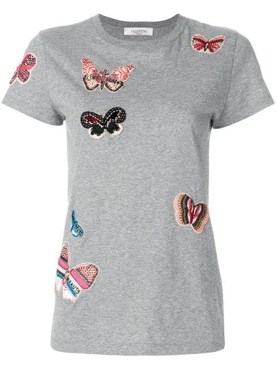 Shop Valentino Embroidered Butterfly T-shirt In Grey