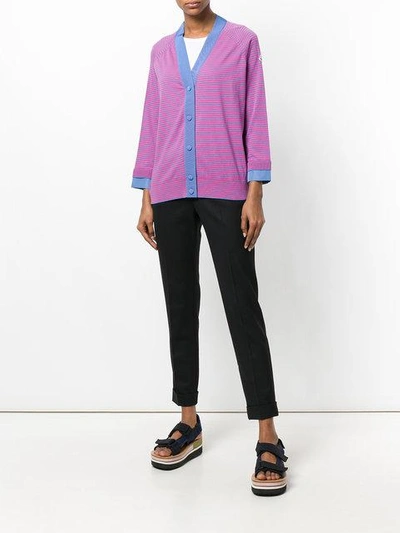 Shop Moncler Contrast Striped Cardigan - Purple In Pink & Purple