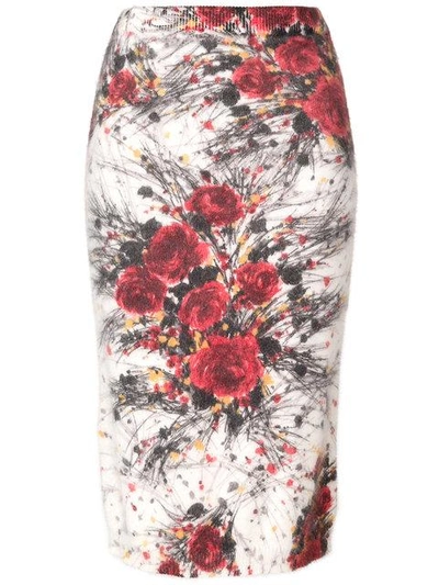 Shop Prada Floral Knitted Pencil Skirt In White