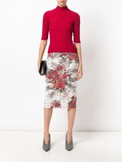 Shop Prada Floral Knitted Pencil Skirt In White