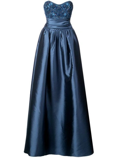Shop Marchesa Notte Strapless Embellished Gown - Blue