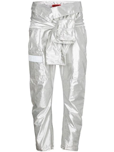 Shop Ronald Van Der Kemp Silver Silk Cargo Trousers With Waist Tie - Metallic