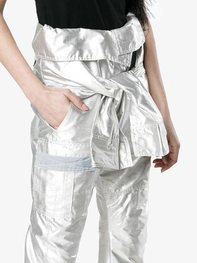 Shop Ronald Van Der Kemp Silver Silk Cargo Trousers With Waist Tie - Metallic