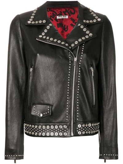 Shop Miu Miu Studded Leather Jacket In F0002