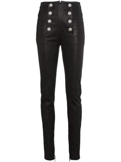 Shop Balmain High Waisted Leather Skinny Trousers - Black