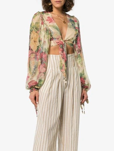 Shop Zimmermann Melody Floral Print Cropped Silk Blouse In Multicolour