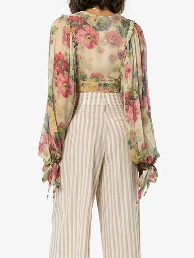 Shop Zimmermann Melody Floral Print Cropped Silk Blouse In Multicolour