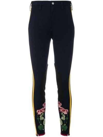 Shop Gucci Flower Embroidered Stripe Leggings In Blue