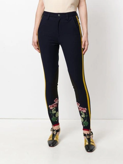Shop Gucci Flower Embroidered Stripe Leggings In Blue