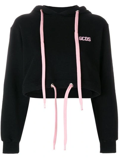 Shop Gcds Logo Embroidered Cropped Hoodie - Black
