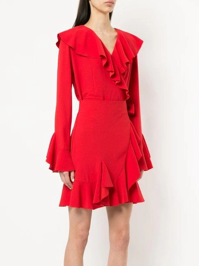 Shop Goen J Fluted Sleeve Ruffle Trim Wrap Dress In Red