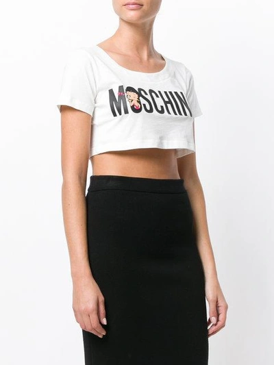 Shop Moschino Printed Crop Top In White