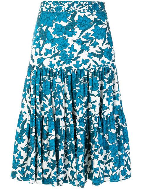 La Doublej Floral Ruffle Midi Skirt In Blue ,white | ModeSens