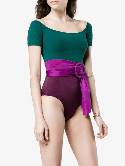 Shop Leslie Amon Sacha Belted Short Sleeve Swimsuit In Green