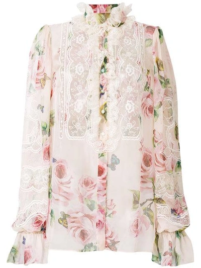 Shop Dolce & Gabbana Floral Print And Lace Panel Shirt In Pink