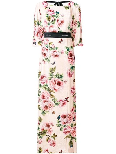 Shop Dolce & Gabbana Rose Print Brocade Long Dress In Pink