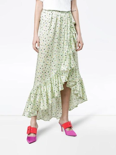 Shop Attico Silk Floral Wrap Skirt In Green