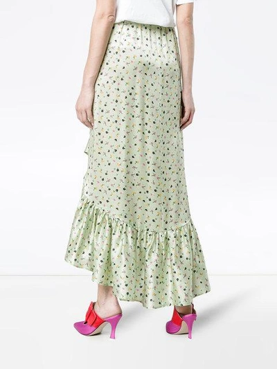 Shop Attico Silk Floral Wrap Skirt In Green