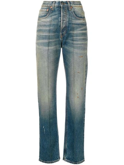 Shop Gucci Embroidered Faded Jeans In Blue