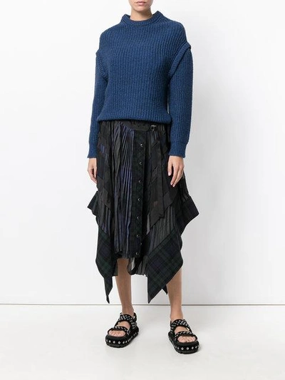 Shop Sacai Pleated Checked Asymmetric Skirt In Blue