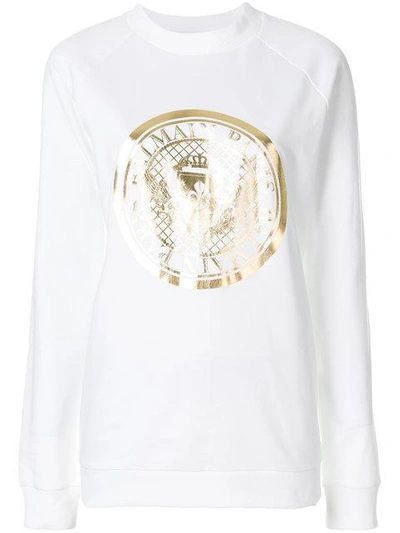 Shop Balmain Medallion Logo Printed Sweatshirt - White