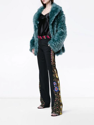 Shop Etro High Waist Embroidered Flared Trousers In Black