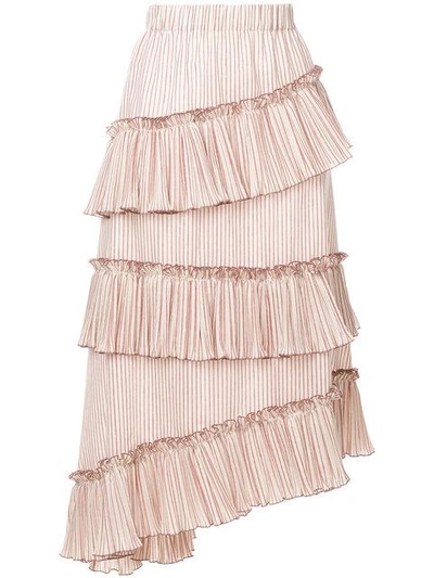 Shop Lorena Antoniazzi Striped Asymmetric Frill Trim Midi Skirt In Neutrals