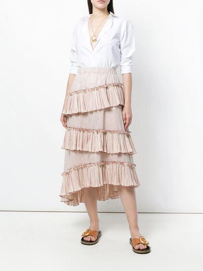 Shop Lorena Antoniazzi Striped Asymmetric Frill Trim Midi Skirt In Neutrals