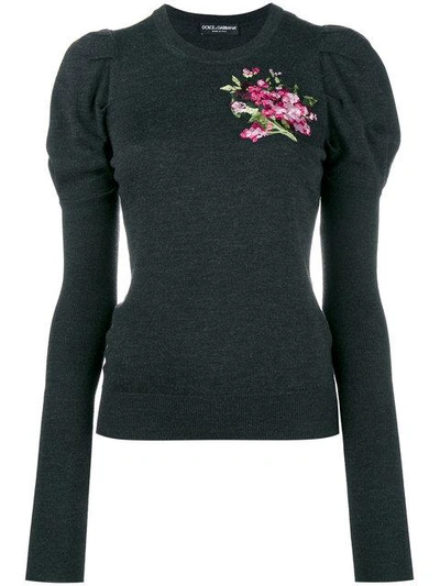 Shop Dolce & Gabbana Floral Embroidered Puff Sleeve Knitted Top In Grey