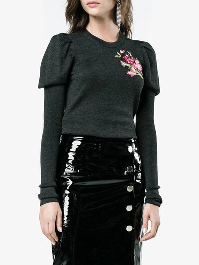 Shop Dolce & Gabbana Floral Embroidered Puff Sleeve Knitted Top In Grey
