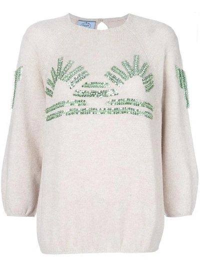 Shop Prada Knitted Sequin Embellished Sweater In Neutrals