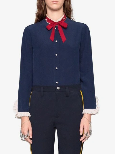 Shop Gucci Silk Shirt With Neck Tie In Blue