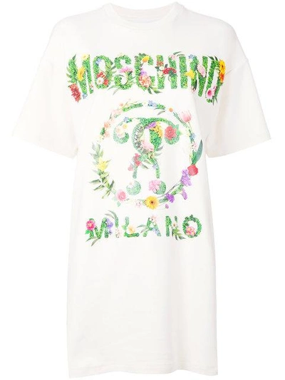 Shop Moschino Logo Printed T-shirt Dress In Neutrals