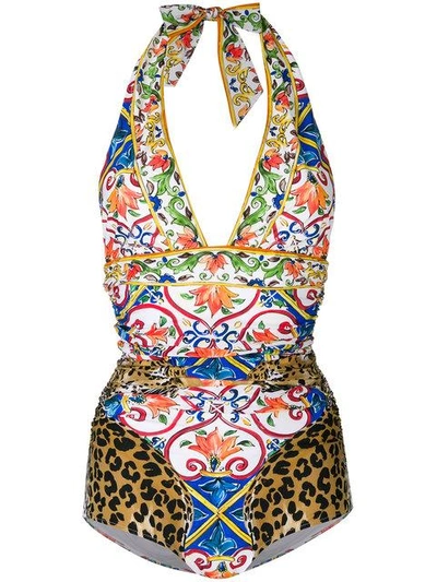 Shop Dolce & Gabbana Majolica Leopard Print Swimsuit - Blue