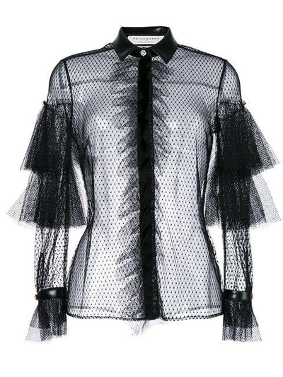 Shop Philosophy Di Lorenzo Serafini Fishnet And Frill Trimmed Sheer Shirt In 555 Black