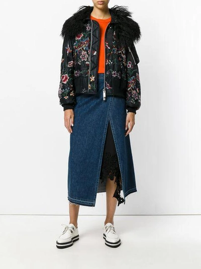 Shop Sacai Floral Embroidered Bomber Jacket With Collar - Black