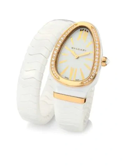 Shop Bvlgari Women's Serpenti Spiga Rose Gold, White Ceramic & Diamond Single Twist Watch In White Rose Gold