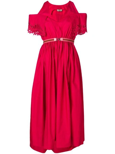 Shop Fendi Cold-shoulder Flared Dress In Red